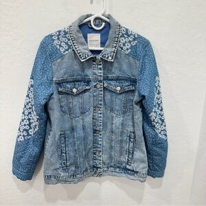Avec Les Filles Patchwork Denim Jacket Womens Large Blue White Floral Cotton